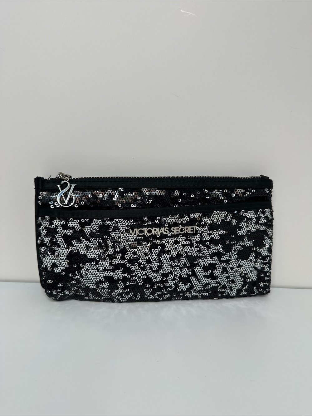 Victoria’s Secret Black Silver Sequin Double Zip Cosmetic Makeup Bag Pouch